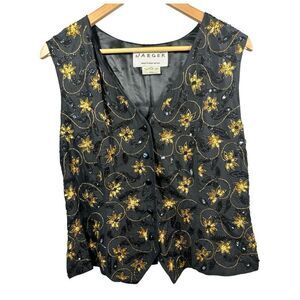 JAEGER Women's Vintage Silk Sequin Beaded Embroidered Vest Black Size 14